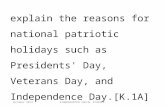 Explain the reasons for national patriotic holidays such as Presidents' Day, Veterans Day, and Independence Day.[K.1A] October 2014KINDERGARTEN SOCIAL.