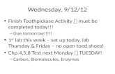 Wednesday, 9/12/12 Finish Toothpickase Activity  must be completed today!!! – Due tomorrow!!!!! 1 st lab this week – set up today, lab Thursday & Friday.