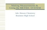 Making Measurements & Using the METRIC SYSTEM Adv. Honors Chemistry Braintree High School.