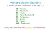 Water-Soluble Vitamins 9 Water-soluble vitamins = 8B’s and 1C! B1 = Thiamin B2 = Riboflavin B3 = Niacin B5 = Pantothenic Acid B6 = Pyridoxine B7 = Biotin.