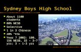 Sydney Boys High School About 1100 students 80% NESB Selective 1 in 3 Chinese 20% “ESL” Year 7 2002: 180, 156 NESB, 33 – 3-7 yrs; 3 – 1-3 yrs.