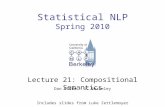 Statistical NLP Spring 2010 Lecture 21: Compositional Semantics Dan Klein – UC Berkeley Includes slides from Luke Zettlemoyer.