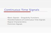 Continuous Time Signals Basic Signals – Singularity Functions Transformations of Continuous Time Signals Signal Characteristics Common Signals.