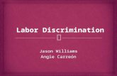 Jason Williams Angie Carreón.   There are many forms of labor discrimination including but not limited to:  Gender  Ethnicity and race  Religion.