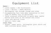 Equipment List Demos:- Laser raybox + All Accessories Laser + Mirror + Smoke Machine Rectangular see through trough and ruler Disappearing Test Tube demo.