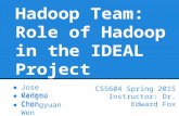Hadoop Team: Role of Hadoop in the IDEAL Project ●Jose Cadena ●Chengyuan Wen ●Mengsu Chen CS5604 Spring 2015 Instructor: Dr. Edward Fox.