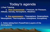 Today’s agenda 1.Peer Tutoring a. Post assessment – Pressure, Air Pressure, Altitude, Density, Atmosphere, Weather) a. Post assessment – Pressure, Air.