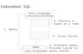 Embedded SQL Host Language (record-oriented) DBMS (set-oriented) 1. Query 3. Process a tuple at a time 4. Close Cursor 2. Evaluate query. Provide cursor.