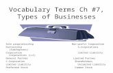 Vocabulary Terms Ch #7, Types of Businesses Sole proprietorship Non-profit Corporation Partnership S-Corporations (Subchapters) Corporation Limited Liability.