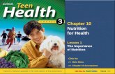 Chapter 10 Nutrition for Health Lesson 1 The Importance of Nutrition >> Main Menu Next >> >> Chapter 10 Assessment Click for: Teacher’s notes are available.