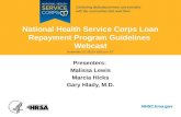 National Health Service Corps Loan Repayment Program Guidelines Webcast November 12, 2013 8:00 p.m. ET Presenters: Malissa Lewis Marcia Hicks Gary Hlady,
