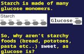 Starch is made of many glucose monomers. Glucose So, why aren’t starchy foods (bread, potatoes, pasta etc..) sweet, as glucose is? Suggest at least one.