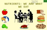 NUTRIENTS: WE ARE WHAT WE EAT Teacher Page>>> Nutrients in food provide the building material and energy source for our body. Scientists have identified.