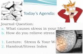 Today’s Agenda: Journal Question: a. What causes stress in your life? b. How do you relieve stress? 1. Lecture: Stress & Your World 2. Handout/Stress Index.