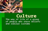 Culture The way of life of a group of people who share beliefs and similar customs.