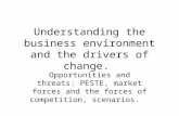 Understanding the business environment and the drivers of change. Opportunities and threats: PESTE, market forces and the forces of competition, scenarios.