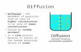 Diffusion Diffusion – net movement of particles from an area of higher concentration to an area of lower concentration Caused by random movement Is a slow.