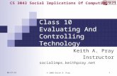 CS 3043 Social Implications Of Computing 8/28/2015© 2009 Keith A. Pray 1 Class 10 Evaluating And Controlling Technology Keith A. Pray Instructor socialimps.keithpray.net.