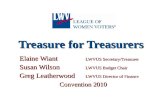Treasure for Treasurers Elaine Wiant LWVUS Secretary/Treasurer Susan Wilson LWVUS Budget Chair Greg Leatherwood LWVUS Director of Finance Convention 2010.