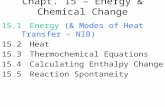 Chapt. 15 – Energy & Chemical Change 15.1Energy (& Modes of Heat Transfer - NIB) 15.2 Heat 15.3Thermochemical Equations 15.4Calculating Enthalpy Change.