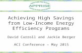 Achieving High Savings from Low-Income Energy Efficiency Programs David Carroll and Jackie Berger ACI Conference – May 2015.