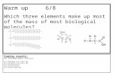 Warm up 6/8 Which three elements make up most of the mass of most biological molecules? Coming events: 6/8 Cell parts notes/ activities 6/11 Worktime cell.