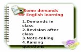 Some demands for English learning 1.Demands in class 2.Revision after class 3.Note-taking 4.Raising questions.