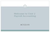 Welcome to Unit 2 Payroll Accounting AC122-01. Payroll Profession  Positions within payroll profession  Range from payroll clerk to senior payroll manager.