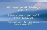 Welcome to AP Biology week 1 Please seat yourself (for today ) Instructor: Dr. Julianne Sundstrom, DVM.