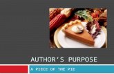 AUTHOR’S PURPOSE A PIECE OF THE PIE. PIE  STANDS FOR THE THREE MAJOR PURPOSES OF WRITING  THINK ABOUT LANGUAGE ARTS…