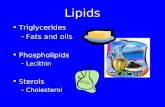 Lipids Triglycerides –Fats and oils Phospholipids –Lecithin Sterols –Cholesterol.