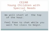 CE240 Young Children with Special Needs 1 We will start at the top of the hour. Feel free to chat while you wait for class to begin.