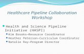 Healthcare Pipeline Collaboration Workshop Health and Science Pipeline Initiative (HASPI) Kim Brooks—Resource Coordinator Heather Peterson—Curriculum Coordinator.