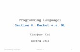 Programming LanguagesSection 61 Programming Languages Section 6. Racket v.s. ML Xiaojuan Cai Spring 2015.