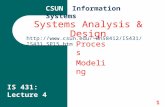 1 Systems Analysis & Design Process Modeling IS 431: Lecture 4 CSUN Information Systems dn58412/IS431/IS431_SP15.htm.