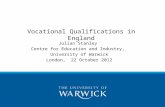 Vocational Qualifications in England Julian Stanley Centre for Education and Industry, University of Warwick London, 22 October 2012.