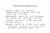 Announcements Monday, April 23: genomic equivalence, cloning, and stem cells: pp. 727-730 Wednesday, April 25: cell biology of cancer, pp. 762-770, 775-789.