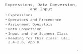 1 Expressions, Data Conversion, and Input Expressions Operators and Precedence Assignment Operators Data Conversion Input and the Scanner Class Reading.