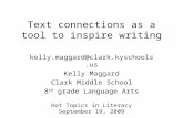 Text connections as a tool to inspire writing kelly.maggard@clark.kyschools.us Kelly Maggard Clark Middle School 8 th grade Language Arts Hot Topics in.