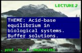 LECTURE 2 THEME: Acid-base equilibrium in biological systems. Buffer solutions. ass. prof. Ye. B. Dmukhalska.