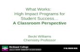 What Works: High Impact Programs for Student Success… A Classroom Perspective Becki Williams Chemistry Professor.