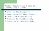 U6115: Populations & Land Use Tuesday July 8, 2003 What is Biodiversity Importance of Biodiversity Levels of Biodiversity Threats to Biodiversity Patterns.