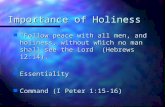 Importance of Holiness n “Follow peace with all men, and holiness, without which no man shall see the Lord” (Hebrews 12:14). n Essentiality n Command (I.