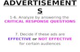 ADVERTISEMENTS 1-6. Analyze by answering the CRITICAL RESPONSE QUESTIONS 7. Decide if these ads are EFFECTIVE or NOT EFFECTIVE for certain audiences.