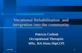 9/7/20151 Vocational Rehabilitation and integration into the community Patricia Corbett Occupational Therapist MSc. BA Hons DipCOT.