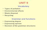 UNIT 9 Vocabulary Types of pollution Environmental effects Waste disposal Recycling Grammar and functions Expressing degree Expressing opinion Revision.