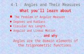 4-1 : Angles and Their Measures What you’ll learn about ■ The Problem of Angular Measure ■ Degrees and Radians ■ Circular Arc Length ■ Angular and Linear.