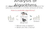 Analysis of Algorithms An algorithm is a step-by-step procedure for solving a problem in a finite amount of time. InputOutput Merge Sort Quick Sort Which.