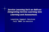 Service Learning Isn’t an Add-on: Integrating Service Learning into Learning and Assessment. Learning Support Services Fall 2005 In-service.