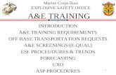 1 A&E TRAINING INTRODUCTION A&E TRAINING REQUIREMENTS OFF BASE TRANSPORTATION REQUESTS A&E SCREENINGS/(E-QUAL) ESI PROCEUDURES & TRENDS FORECASTING UXO.